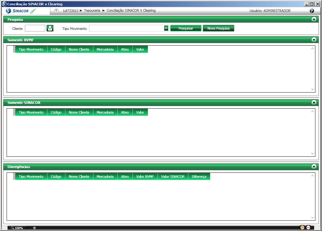 CONCILIAÇÃO Consulta SINACOR x Clearing Menu: Tesouraria Consultas