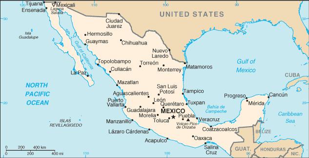 2. Aspectos Geográficos 2.1. O México Localizado no extremo sul da América do Norte, tendo ao norte sua divisa com os Estados Unidos ao longo de 3.