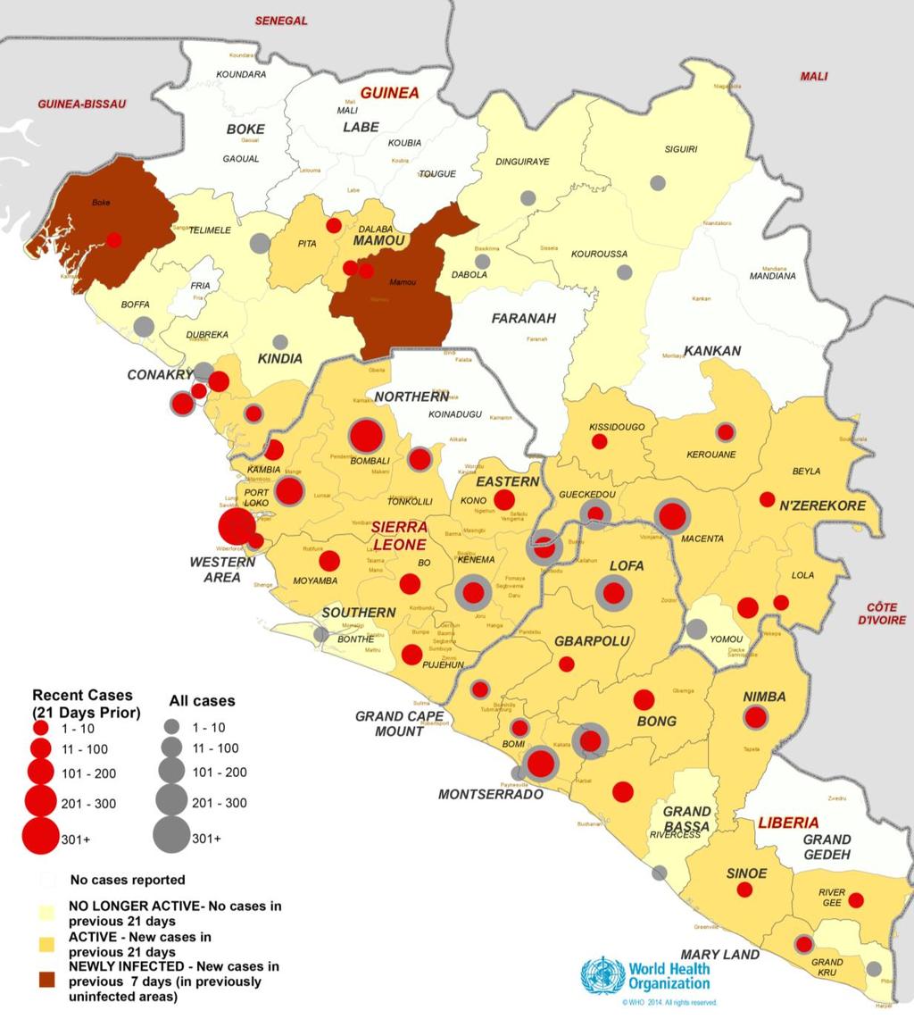Figura 4: Distribuição geográfica de novos casos e total de casos na Guiné, Libéria e Serra Leoa Os dados baseiam-se na informação oficial fornecida pelos Ministérios da Saúde até ao fim do dia 12 de