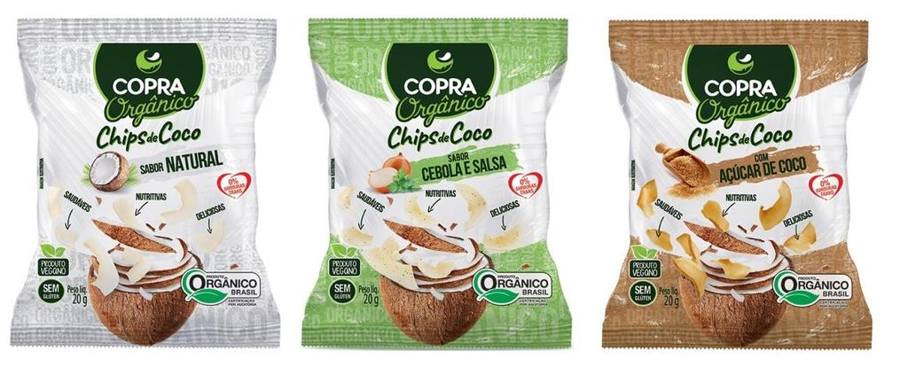 Chips de Coco Orgânico A outra novidade da Copra são os Chips de Coco, que prometem agradar os mais diversos paladares, como sugestão para o lanche intermediário.