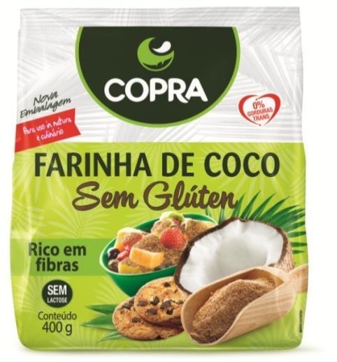 Farinha Coco Copra disponível em novas embalagens de 100g e 400g É um produto rico em fibras, ácido láurico e cáprico.