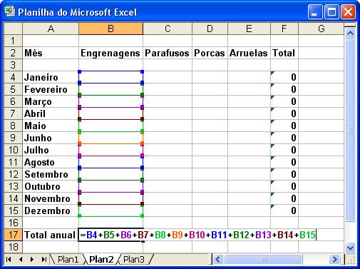 Quando a fórmula for muito grande, usaremos a função SOMA do Microsoft Office Excel 2003, que facilita o