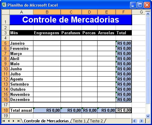 Para não broquear e ocultar as fórmulas da tabela Controle de Mercadorias, faça o seguinte: selecione todas as células da tabela que não vão ser broqueadas e ocultadas, clique no menu Formatar,