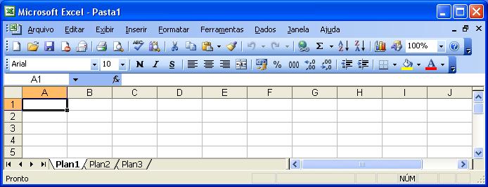 A tela do Microsoft Office Excel 2003 é composta por vários elementos gráficos como ícones, menus e alguns elementos que são comuns ao ambiente Microsoft Windows XP, com o qual você já deve estar