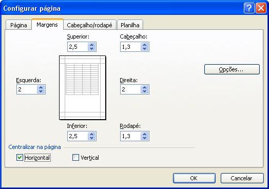 Seção Centralizar na página - Centraliza os dados na página entre as margens, marcando a caixa de seleção Vertical, a caixa de seleção Horizontal ou ambas.