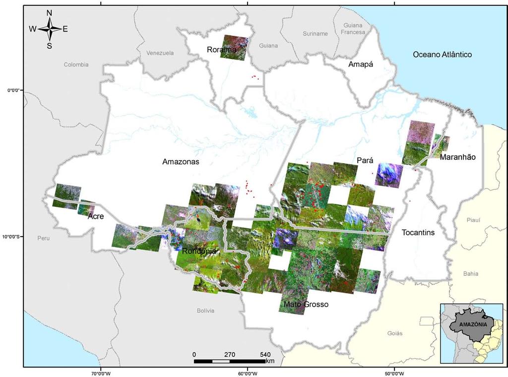 Figura 8. Polígonos detectados pelo SAD sobre as imagens detalhadas (Landsat e CBERS) para validação no mês maio de 2008.