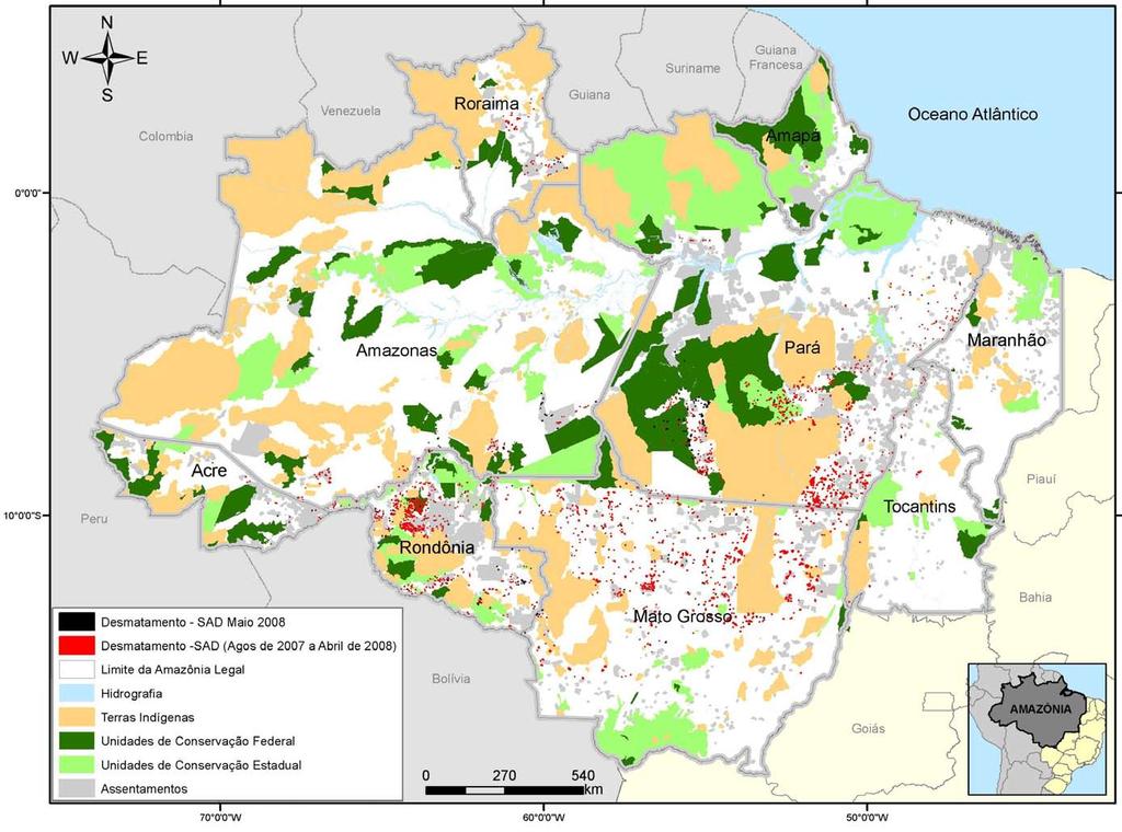 O desmatamento acumulado no período de agosto de 2007 a maio de 2008, correspondendo aos primeiros dez meses do calendário anual de desmatamento 1, totalizou 4.142 quilômetros quadrados.