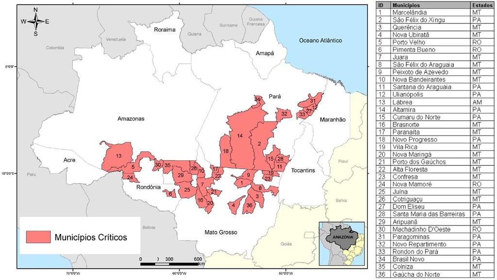 Figura 6. 36 municípios críticos devido ao desmatamento segundo o Ministério do Meio Ambiente. Apesar dos esforços do governo, o desmatamento continua expressivo nesses municípios.