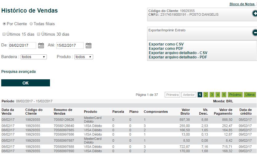 Portal do cliente I Histórico de Vendas / Arquivo CSV > Excel