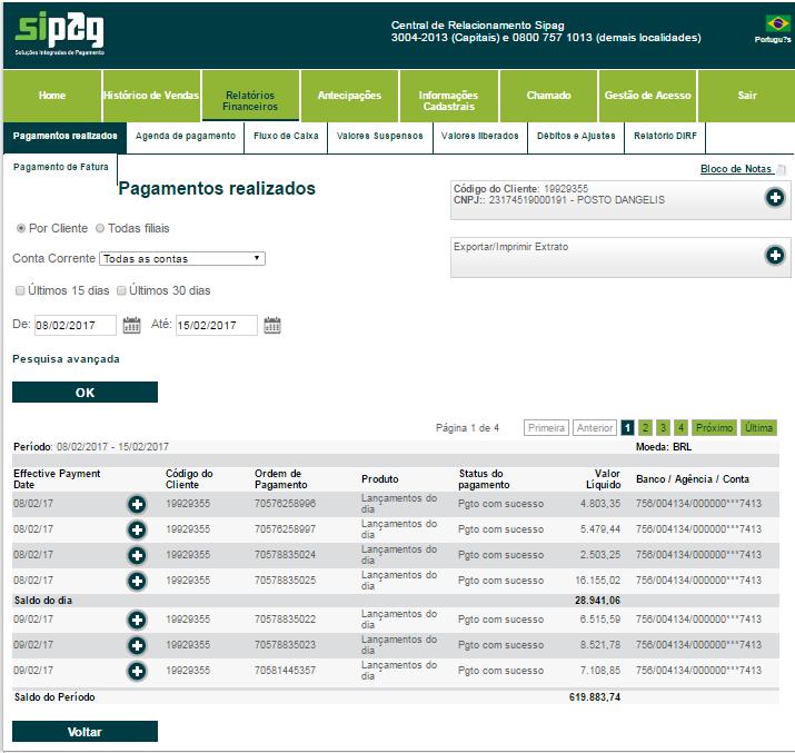 Portal do cliente I Relatórios Financeiros > Pagamentos realizados Clicando