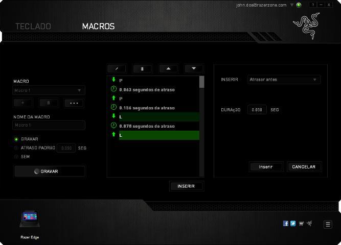 Após gravar uma macro, você pode editar os comandos inseridos selecionando cada comando na tela de macros.