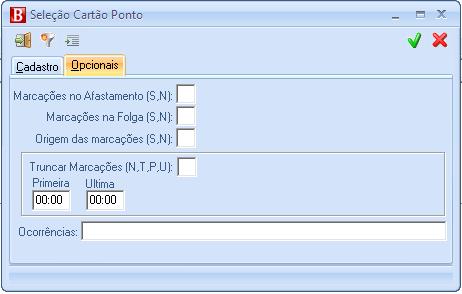 70 Quebrar pr períd Definir sim u nã; Seleçã Opcinais d relatóri de Cartã Pnt Marcações n afastament Selecinar se deve u nã emitir as marcações efetuadas em um dia que funcinári esteve afastad;