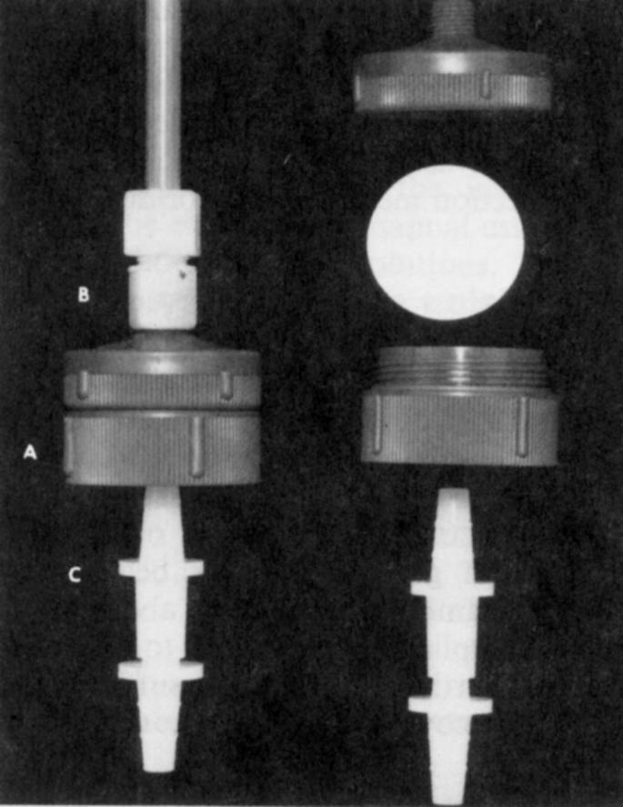 Pág. 3 Figura 1 Detalhes do acoplamento do porta-filtro e do orifício critico a um tubo, de 7 mm de diâmetro, com revestimento de bicarbonato. (A) Porta filtro de polipropileno.