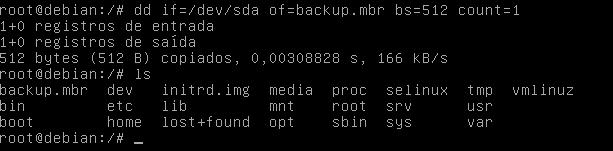 23 dd if=<disco de origem> of=<disco de destino> Figura 10 Exemplo de execução do comando dd no sistema Debian Onde disco de origem é o dispositivo questionado e disco de destino é o disco que