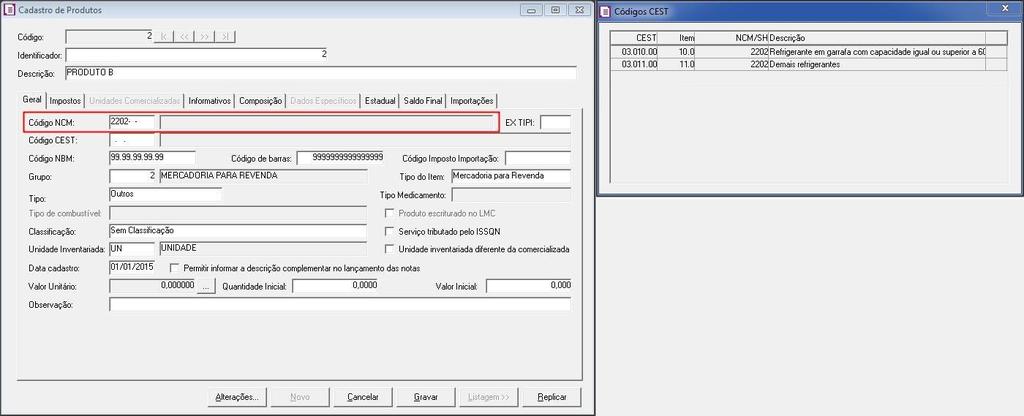 1.3.2 Caso na tabela possuir o mesmo código NCM/SH para mais de um código CEST diferente, será aberto uma tela uma tela demonstrando todos os códigos que são iguais para que o usuário selecione a