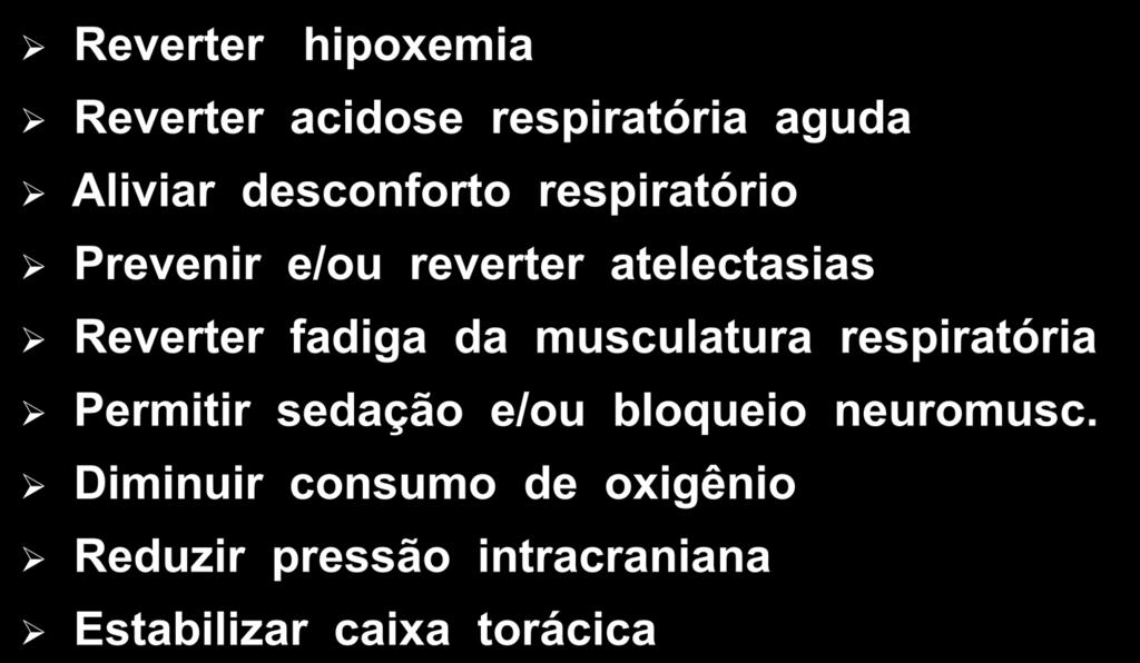 VM Objetivos Clínicos Reverter hipoxemia Reverter acidose respiratória aguda Aliviar desconforto respiratório Prevenir e/ou reverter atelectasias Reverter