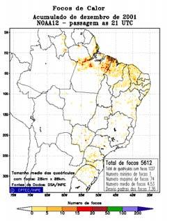 Figura 2 Mapa de risco de fogo gerado pelo CPTEC com abrangência nacional. (DIR- Mapa dos focos acumulados de dezembro/2001 (menos focos) e ESQ- Mapa dos focos acumulados de agosto/2001 (mais focos).