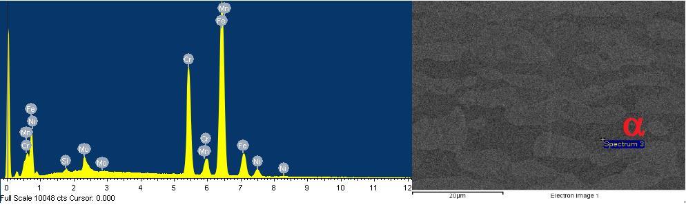 Tabela 5 - % massa dos espectros realizados por EDS na ferrita e na austenita da amostra do aço UNS S31803 solubilizado.