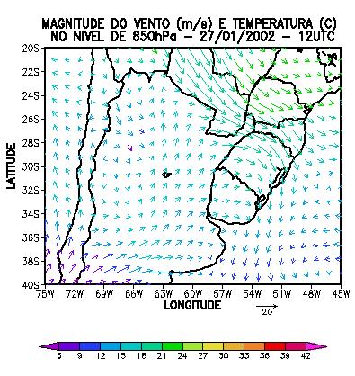 JOSÉ GUILHERME MARTINS DOS SANTOS, CLÁUDIA REJANE JACONDINO DE CAMPOS e KELLEN CARLA LIMA 463 Figura 11 Magnitude do vento (m s -1 ) e temperatura ( C) no nível de 850 hpa geradas pelos modelos (a)