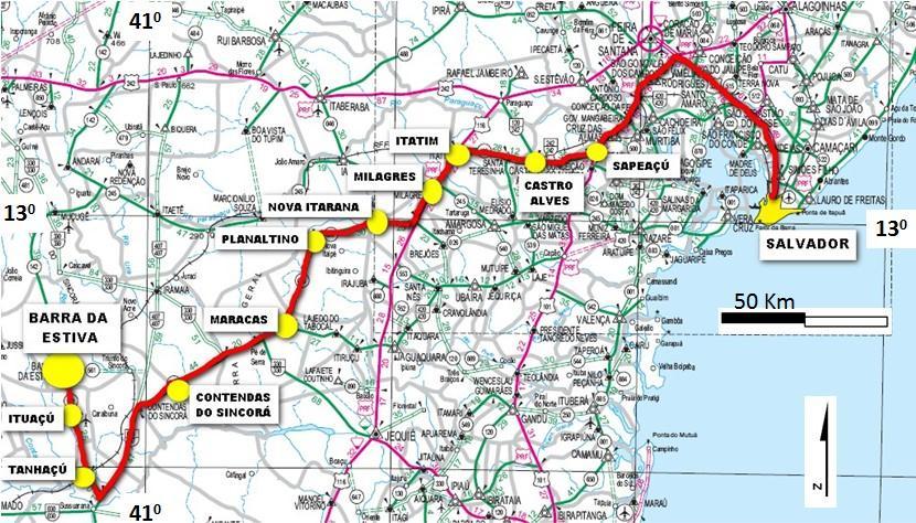 15 Planaltino, Maracás e Contendas do Sincorá seguindo até o entroncamento da BA-142 passa pelas cidades de Tanhaçu, Ituaçu e finalmente chega em Barra da Estiva (figura 02).