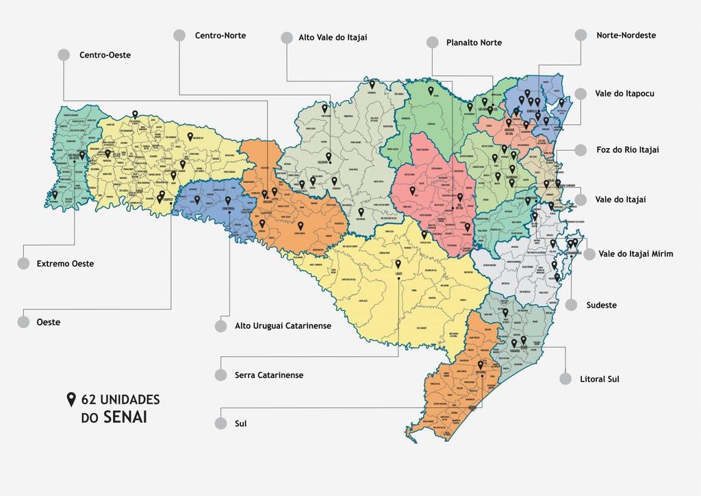 17 O SENAI/SC está distribuído em oito regiões do Estado, totalizando 57 unidades, as quais priorizam as atividades econômicas de cada região. Figura 2 Mapa das Unidades no Estado de SC 2.