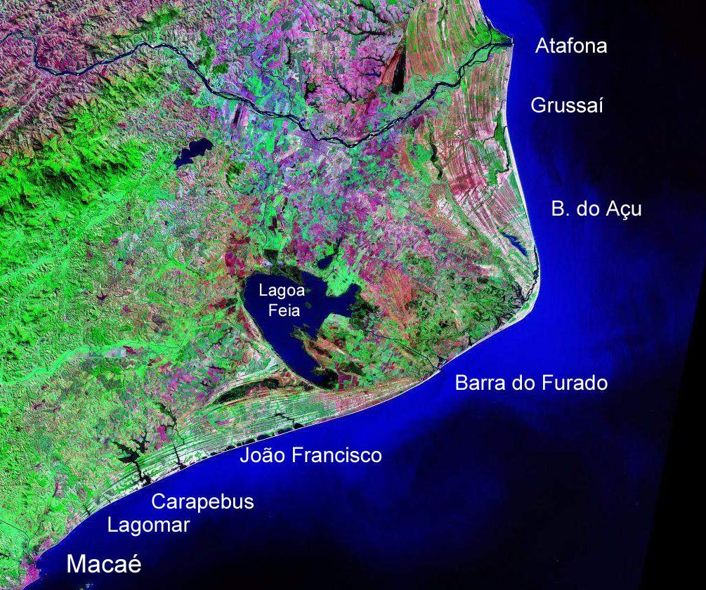 ondas fortes do quadrante Sul e Sudeste que acabam por convergir os fluxos na zona mais protuberante do litoral, formando o Cabo de São Thomé, um cabo arenoso em forma de megacúspide. Cabo S.