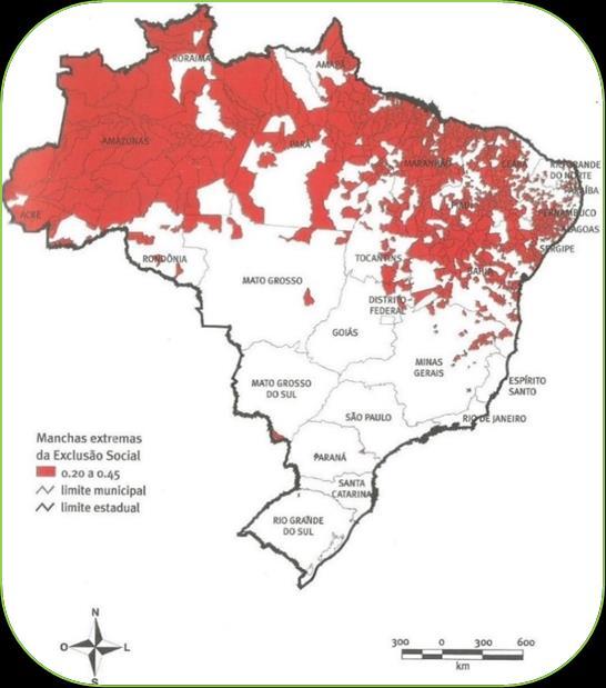 O Atlas da exclusão social no Brasil - 10 anos depois representa espacialmente a concentração da exclusão social no país através de manchas de extrema exclusão social.
