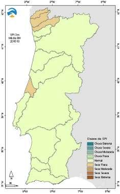 SPI- 3 meses Na Figura 5b apresenta-se o SPI 3 meses no final de novembro 2016 (corresponde ao período de setembro a novembro 2016) e na Figura 5a apresenta-se o SPI 3 meses no final de outubro 2016