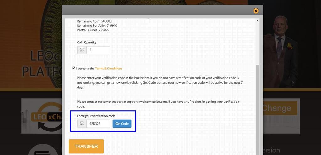 5. A tela para o Portfólio de transferência para o LEOxChange será exibida em uma janela pop-up.