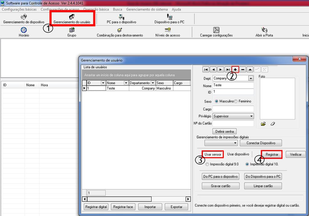 Figura 2 Interface do Software de Controle de Acesso A opção Impressão Digital, serve para determinar a versão do algoritmo da impressão que será cadastrada.