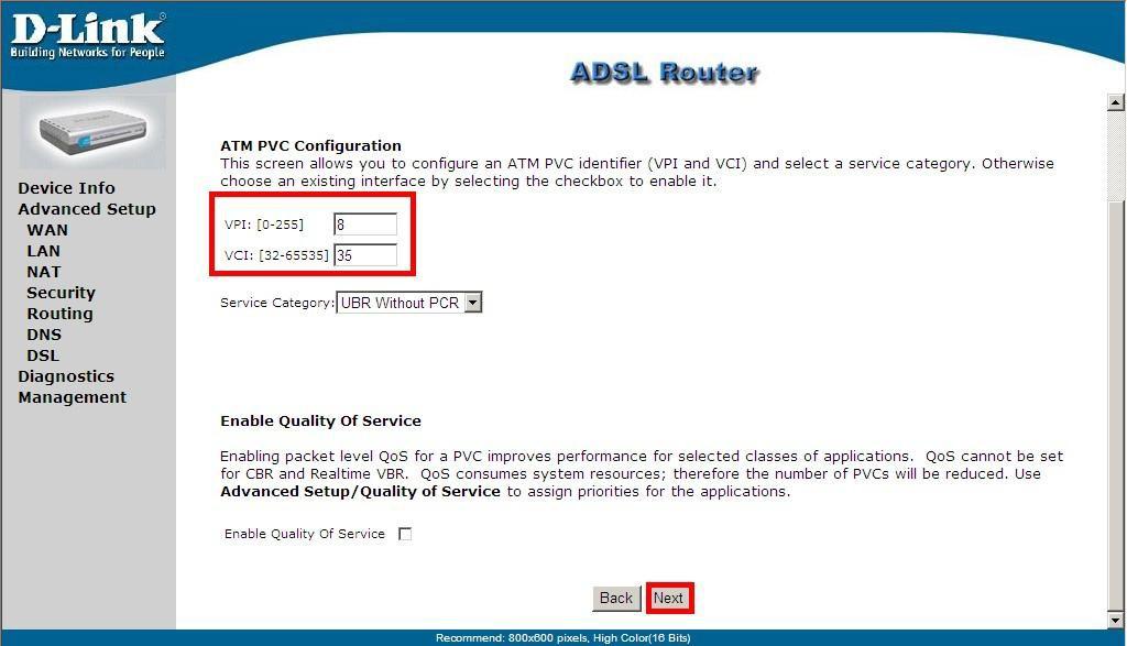 9- Sabendo os valores VPI e VCI, configure: VPI: Correspondente a sua operadora de telefonia VCI: Correspondente a sua operadora de