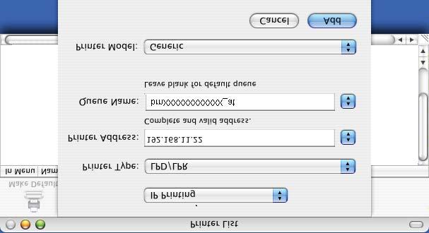 (Mac OS X 10.4) Introduza o endereço IP da impressora na caixa Address. 10 (Mac OS X 10.2.4 a 10.3.