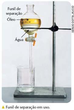 A torneira é ligeiramente aberta, permitindo o escoamento gradual da fase inferior, que é recolhida em outro frasco.