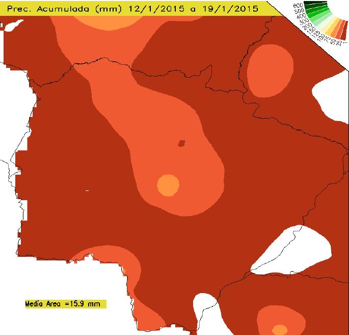 Para a semana de 12 a 19 de janeiro de 2015, verifica-se, na figura 1, precipitações atingindo quase todo o estado, porém com volume acumulado bem inferior, se comparado as semanas anteriores,