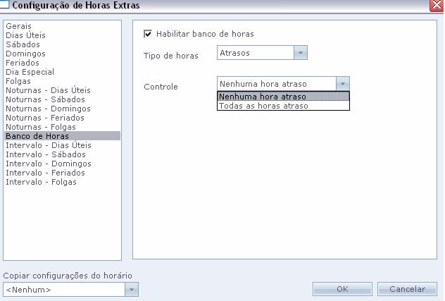 Nesta opção, configura-se para usar todas as horas de faltas no cálculo do Banco de Horas, selecionando a opção Todas as horas faltas. Nenhuma hora falta: Para não usar faltas neste cálculo.