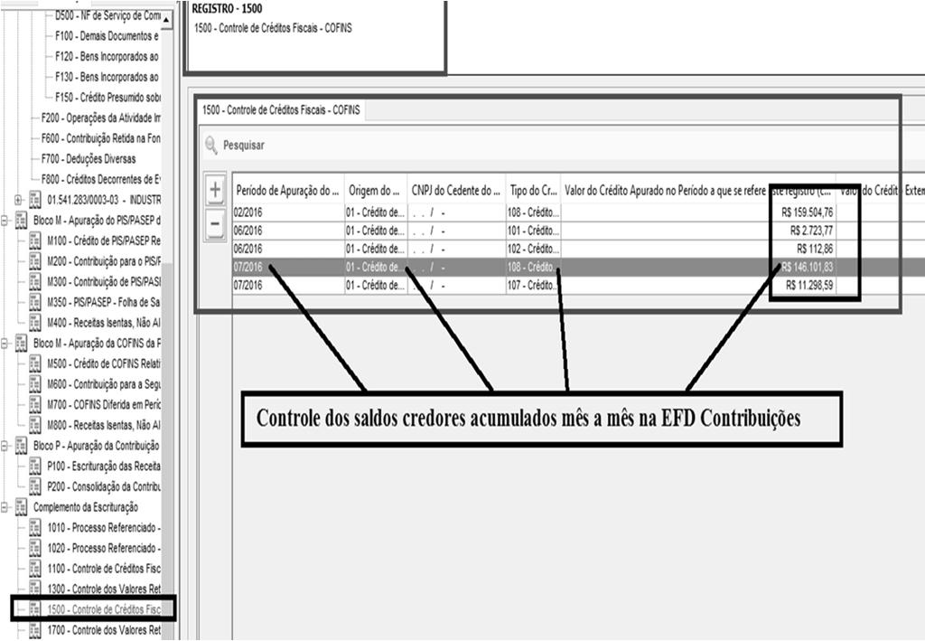 CONTROLE DOS CRÉDITOS PIS E COFINS Controle das Retenções Federais O controle dos valores retidos na fonte de PIS/Pasep e COFINS será realizados nos registros 1300 e 1700 respectivamente.