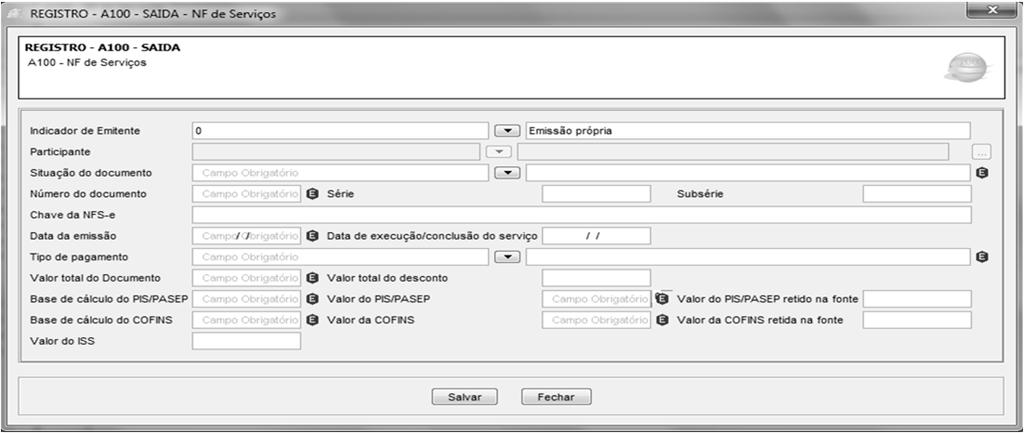 REGISTRO A100: DOCUMENTO - NOTA FISCAL DE SERVIÇO Deve ser gerado um Registro A100 para cada documento fiscal a ser relacionado na escrituração, referente à prestação ou à contratação de serviços,