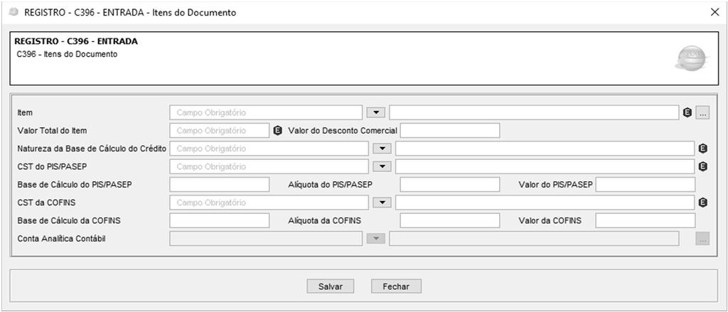 REGISTRO C396: ITENS DO DOCUMENTO (CÓDIGOS 02, 2D, 2E e 59) AQUISIÇÕES/ENTRADAS COM CRÉDITO Deve ser informado neste registro as informações referentes aos itens das notas fiscais de vendas a