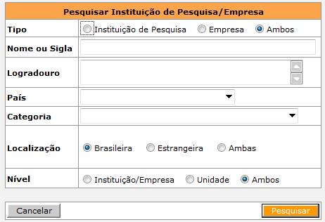 Para selecionar a Instituição de Pesquisa / Empresa, clique no botão do campo correspondente. ATENÇÃO!