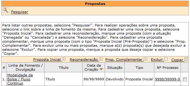 Selecione ( ) a proposta inicial rejeitada ou devolvida que deseja copiar e clique no link.