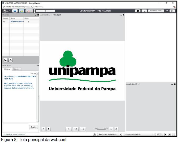 Tela Principal Após a configuração do som, é exibida a tela principal da webconferência, onde são exibidos PODs (painéis de interação), como lista de participantes, bate-papo, janela de vídeos,