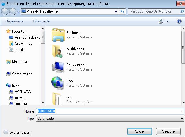 Para que o certificado possa ser instalado em outras máquinas é necessário armazenar um arquivo de extenção.