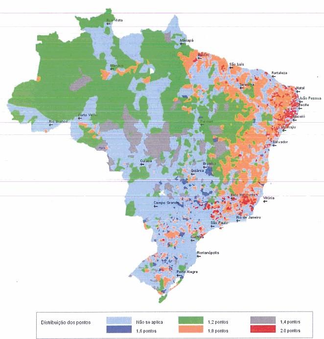 TRIBUNAL DE CONTAS DA UNIÃO 44 Figura 3 Mapa dos municípios não atendidos por fibra óptica por pontuação Fonte: Análise 214/2015-GCIF de 13/11/2015 (peça 5, p. 49) 275.