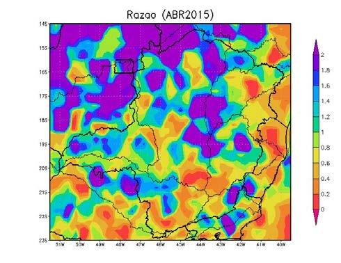 Figura 2 - Precipitação (mm) em abril de 2015. Figura 3 - Razão entre a precipitação em abril de 2015 e a precipitação média mensal de abril de 1998 a 2014.