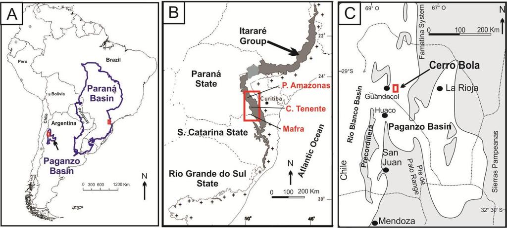 48 Figure 1 Localization map of the studied areas. A) Basins limits within the South American continent. B) Studied area in Paraná Basin.