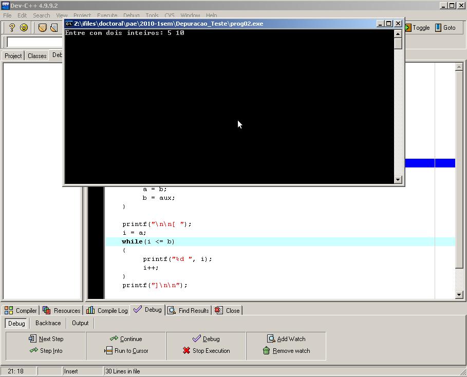 Depuração: Dev-C++(passo 4) Durante a execução do