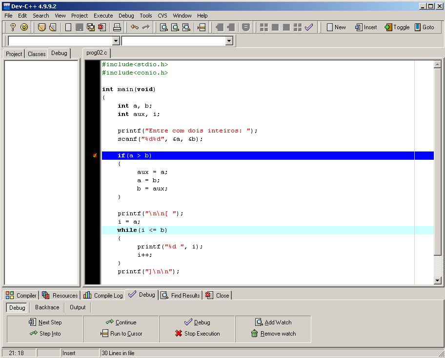 Depuração: Dev-C++(opções)