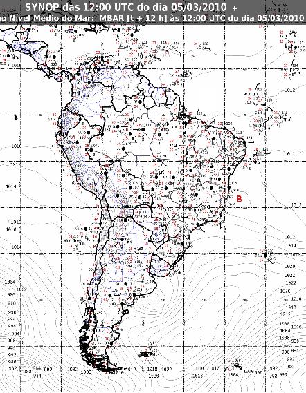 Figura 1: Carta Meteorológica de Superfície referente ao dia 05/03/2010 às 12UTC. Fonte: INMET. Figura 2: Composição de imagens do satélite meteorológico NOAA no período de 01 a 05 de março de 2010.