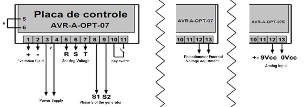* The AVR-A-OPT-07E regulators, the external potentiometer function is replaced by Analog Input. The connection must be made respecting the voltage specified for the model.