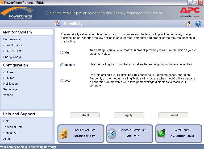 Configuration > Sensitivity Esta opção é para alterar a sensibilidade do nobreak quanto aos ruídos da rede elétrica.